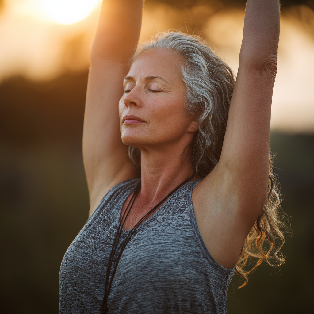 Smiling middle-aged Ukrainian woman in comfortable yoga attire practicing gentle stretching pose in a bright, peaceful studio environment