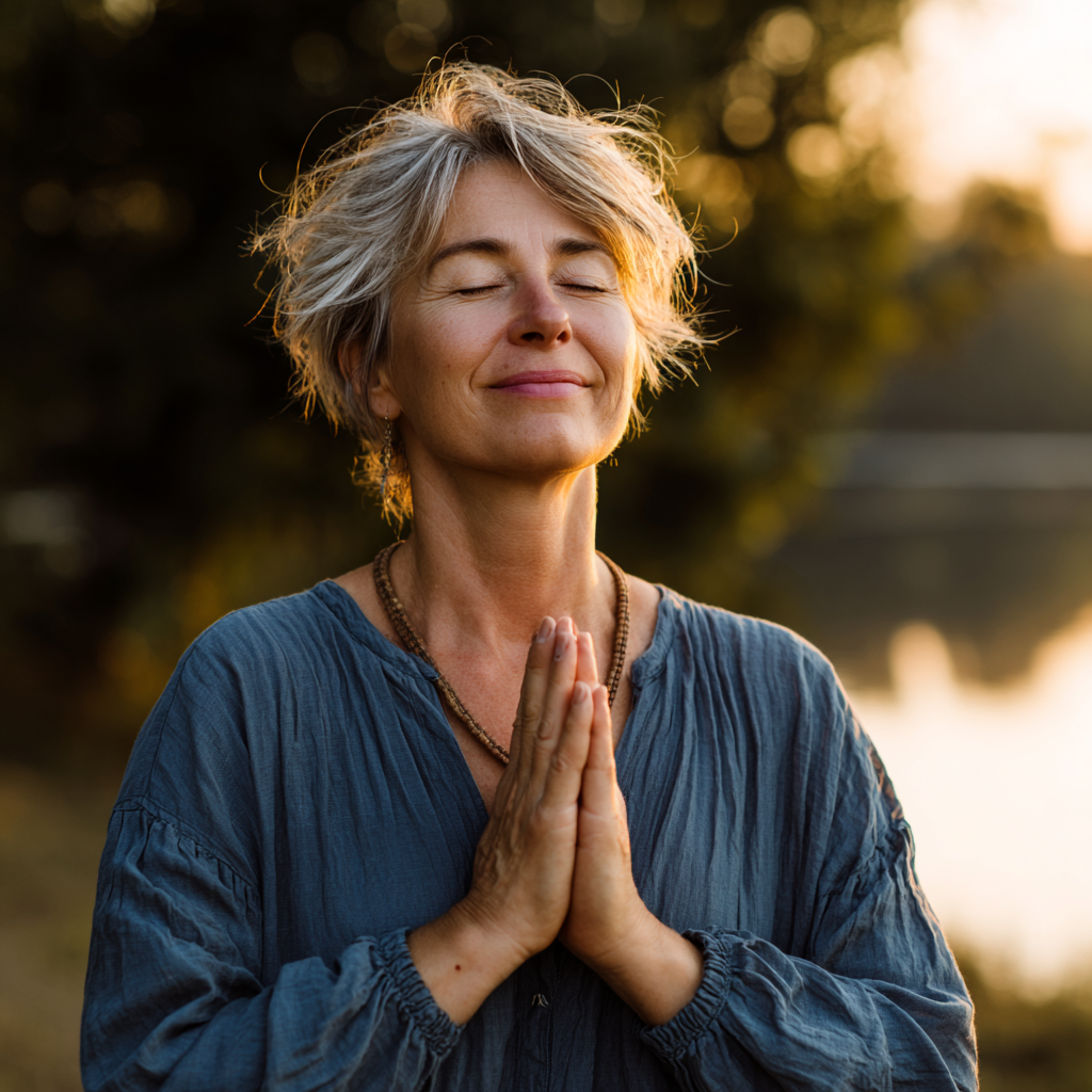 Peaceful Ukrainian adult in their 40s sitting in comfortable meditation pose, eyes gently closed, demonstrating mindful breathing technique in a serene natural setting